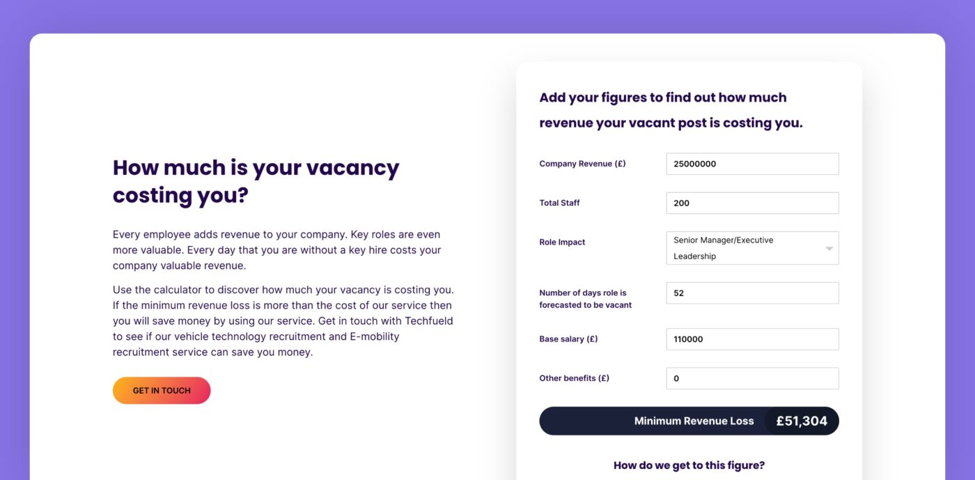 Vacancy cost calculator on Techfueld's recruitment website