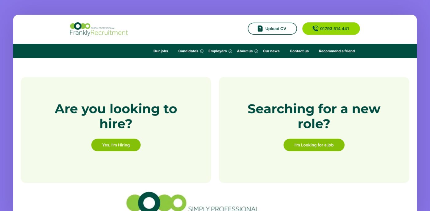 Clear menu structure for Frankly Recruitment's website