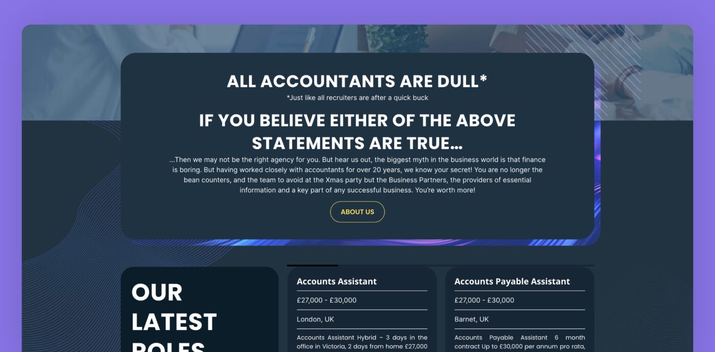 Engaging and unique headline copy for Accountancy Action's recruitment website