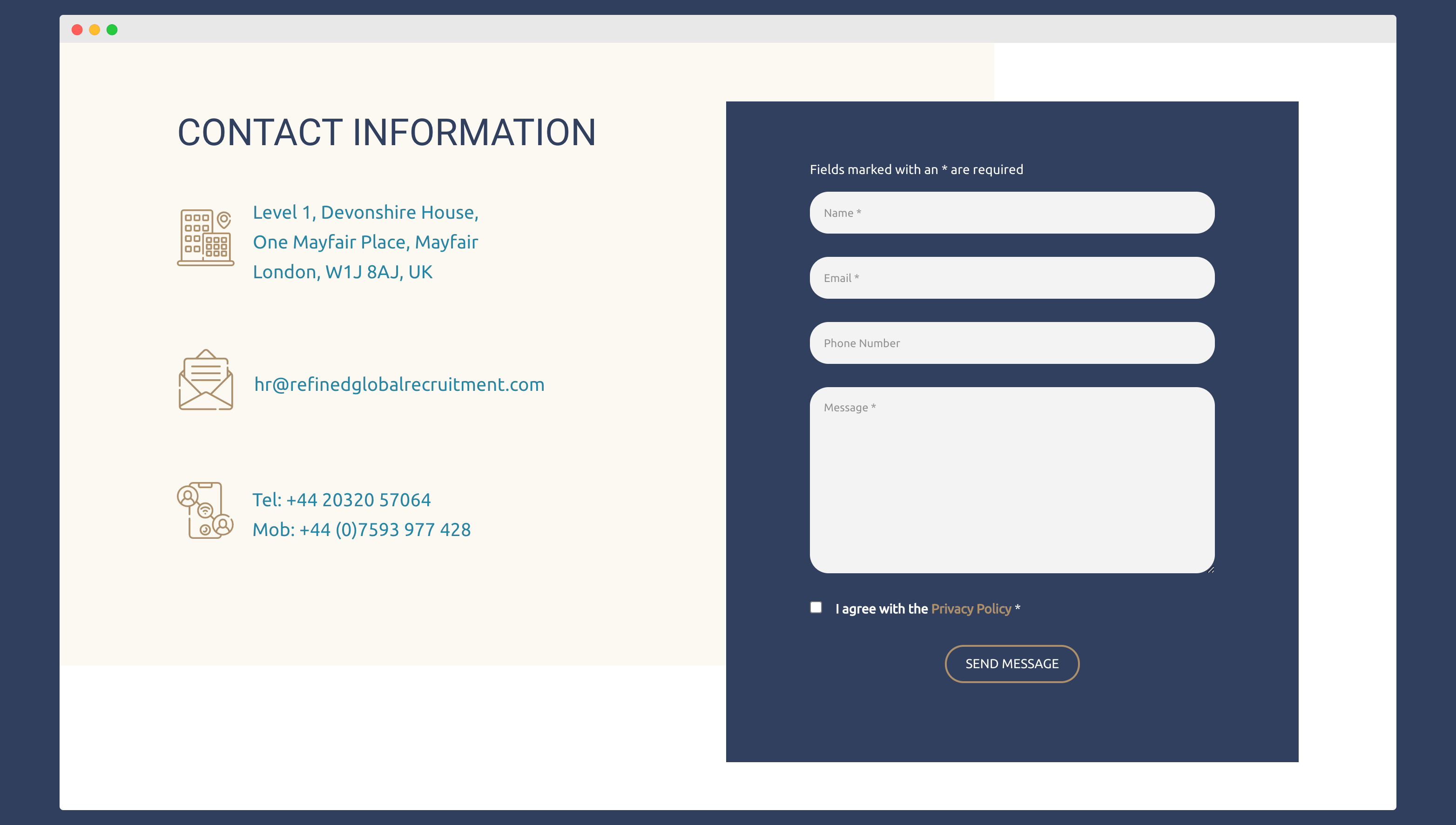 Example of a contact form on a recruitment website
