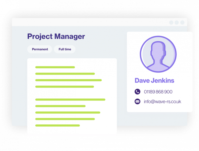 Consultant profile displayed alongside a job listing, showing recruiter contact details