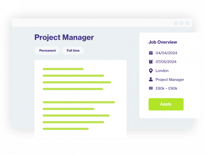 Example of a job listing page featuring a Project Manager role with key details and apply button
