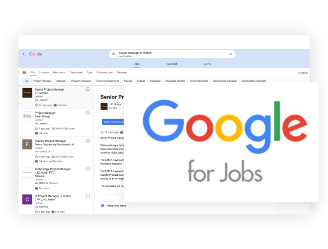 Google for Jobs search results showing job listings