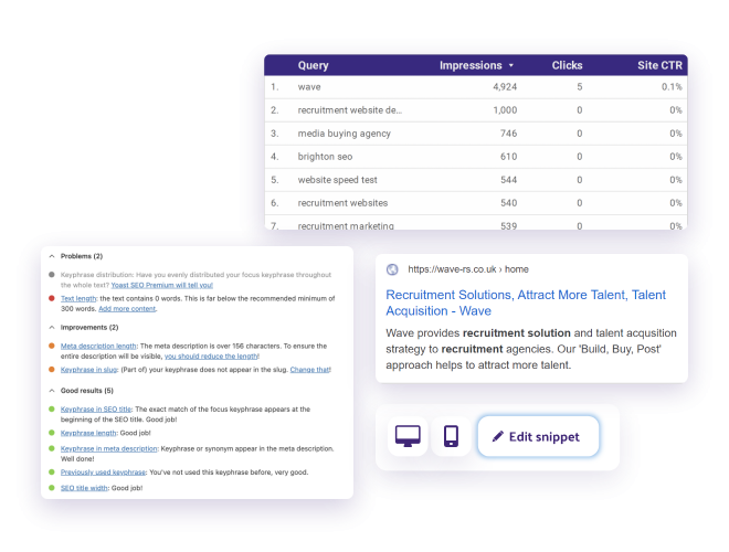 SEO monitoring dashboard with recommendations for recruitment websites