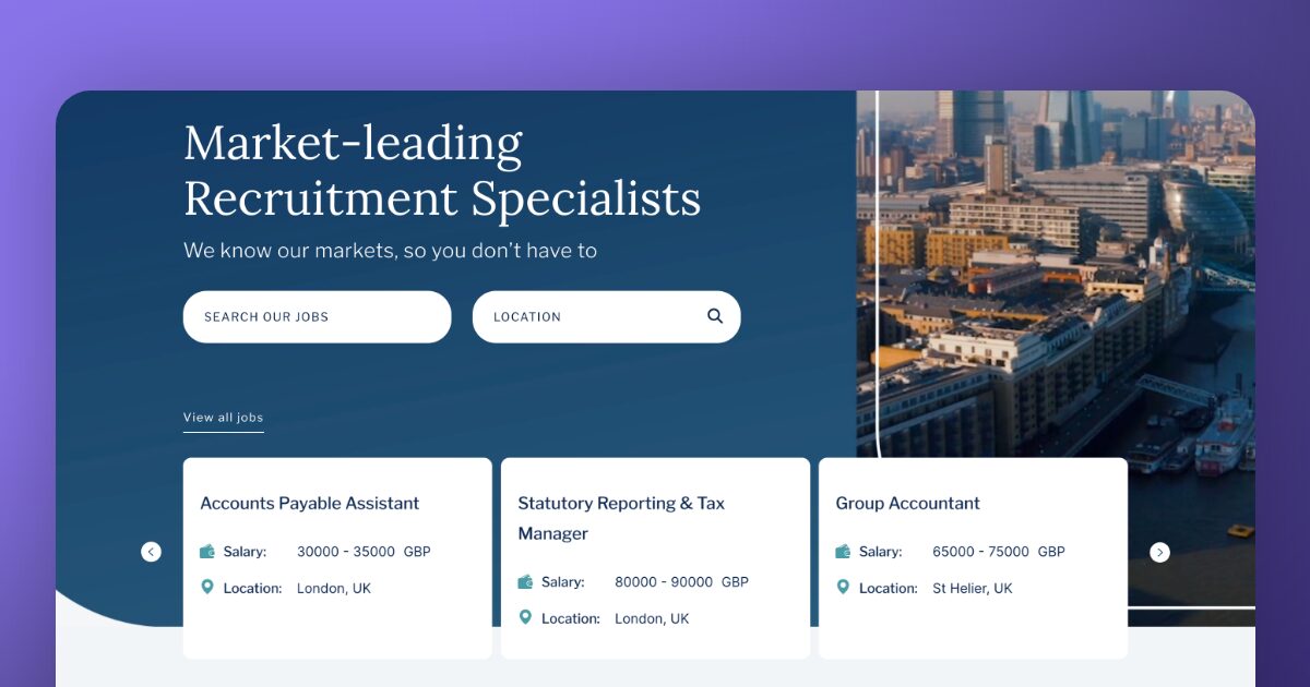 Job cards are top and centre on Cameron Kennedy's recruitment website homepage