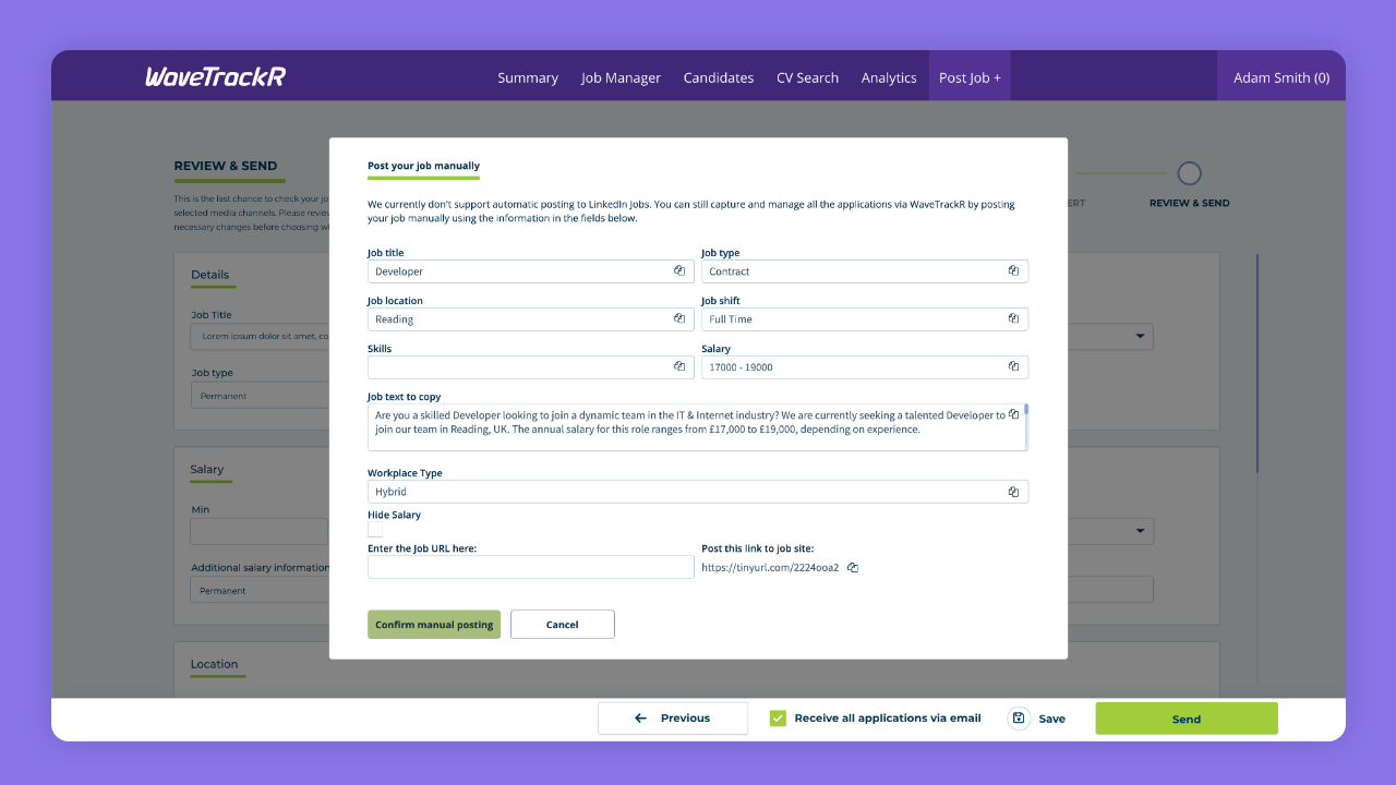 WaveTrackR dashboard displaying LinkedIn job post form