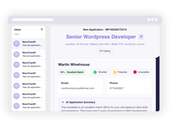 Inbox view showing WaveTrackR application alert emails with candidate details
