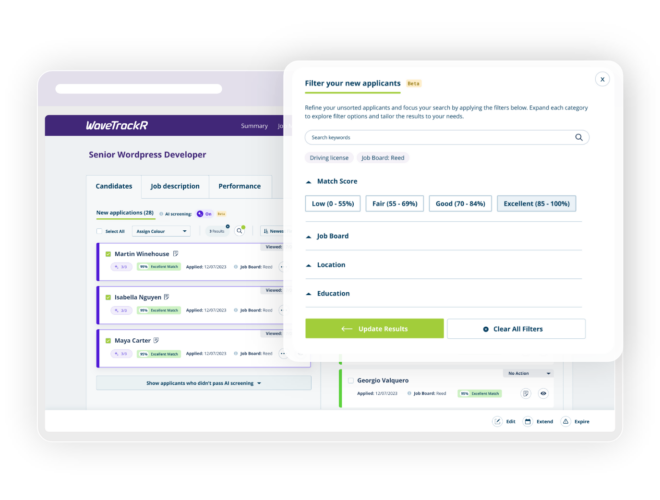 WaveTrackR search filters for managing high-volume job applications