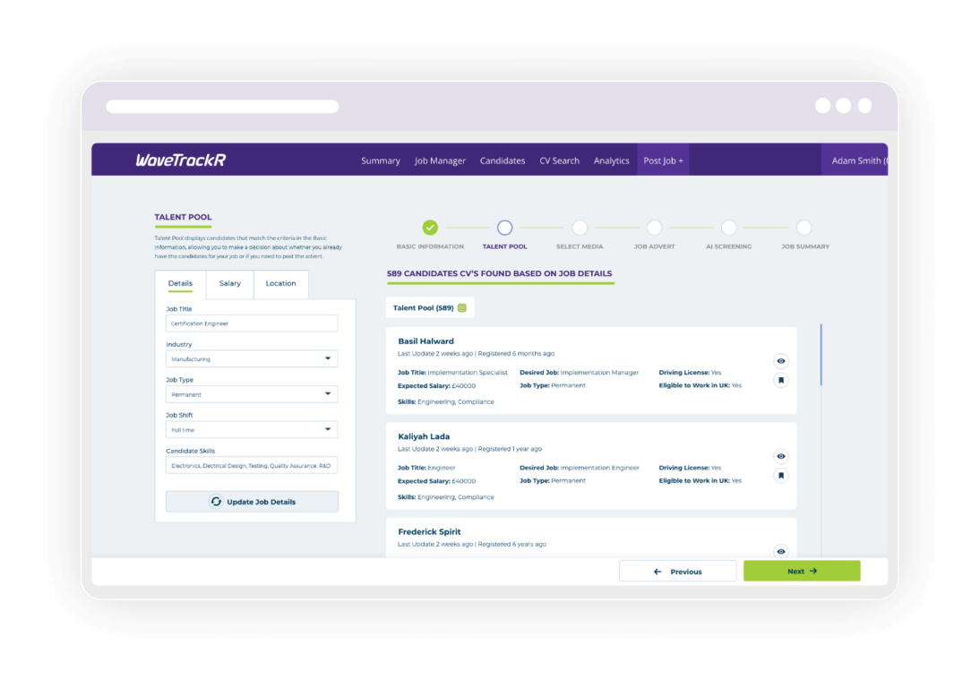 WaveTrackR candidate matching screen with filters for skills, job title, location, and availability.