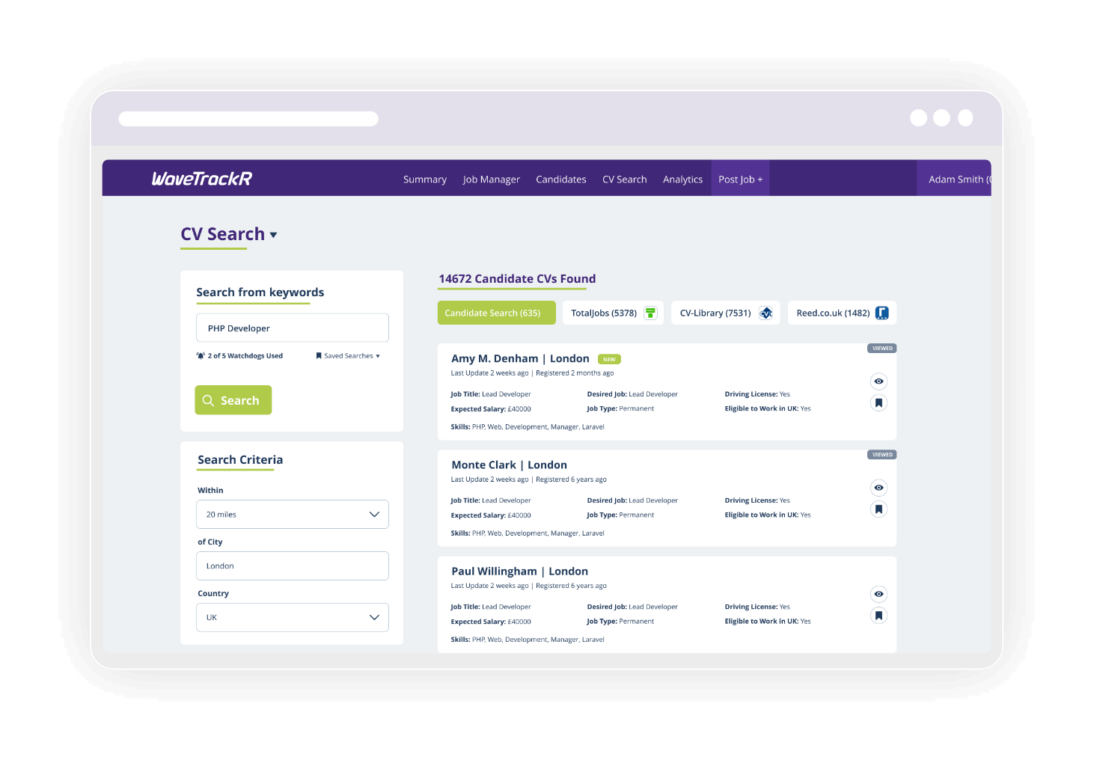 WaveTrackR CV Search page displaying candidate results and advanced search filters