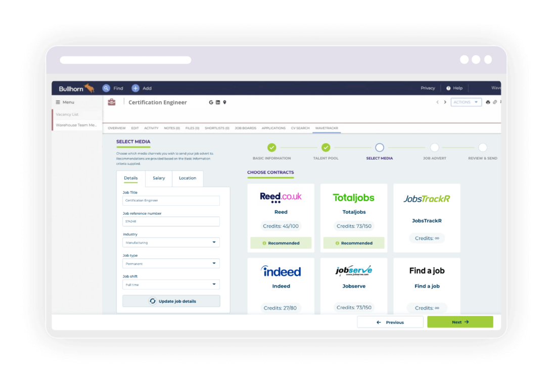 WaveTrackR integrations page showing CRM and job board connections including Bullhorn and Vincere