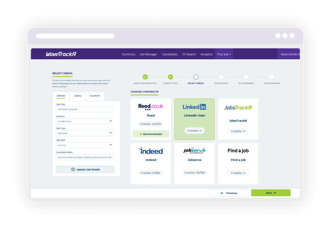 WaveTrackR job posting interface showing job details, posting options, and job board selection