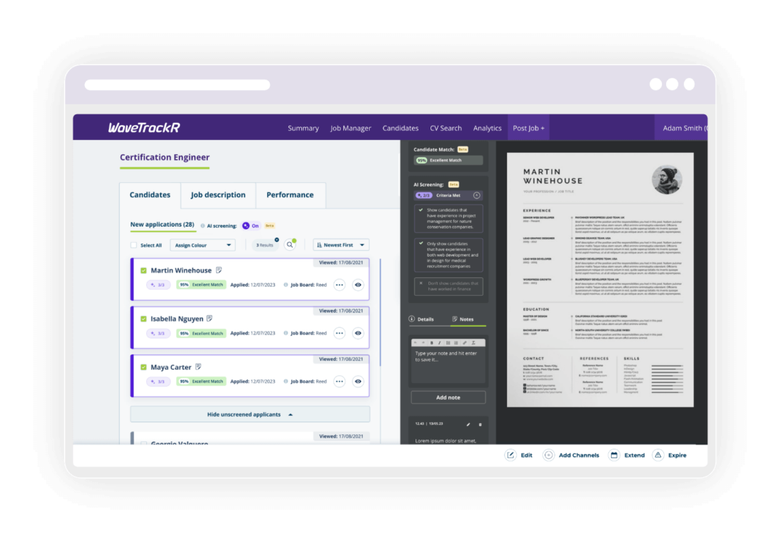 WaveTrackR application management view with scoring, shortlisting, and candidate progress steps
