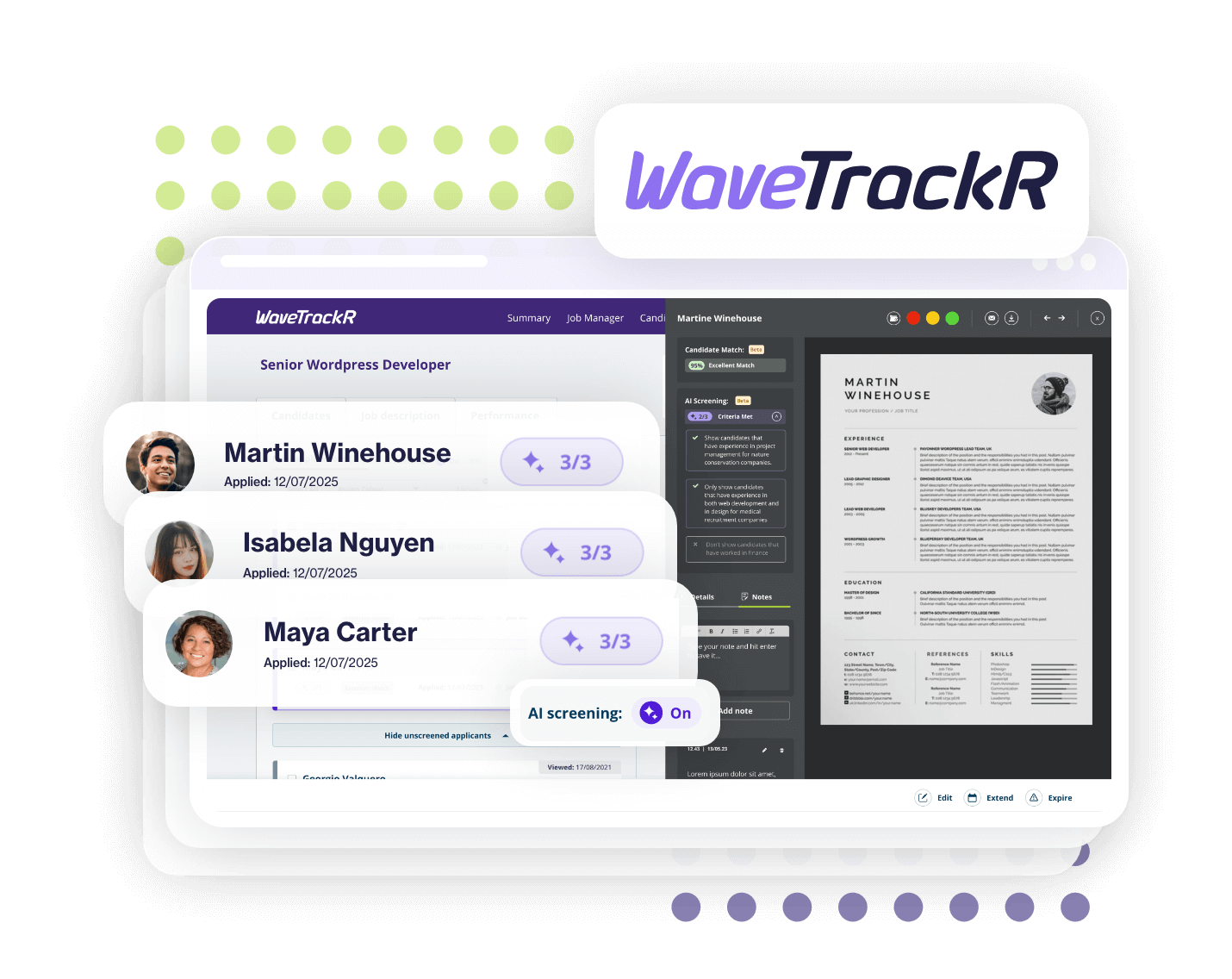 WaveTrackR Job Summary showing candidate profiles, CV preview, and job match indicators.