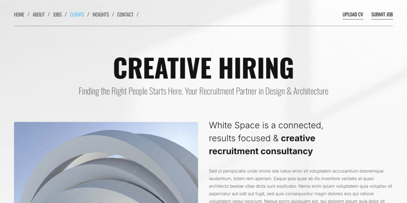 Typography-led layout example for a recruitment website homepage