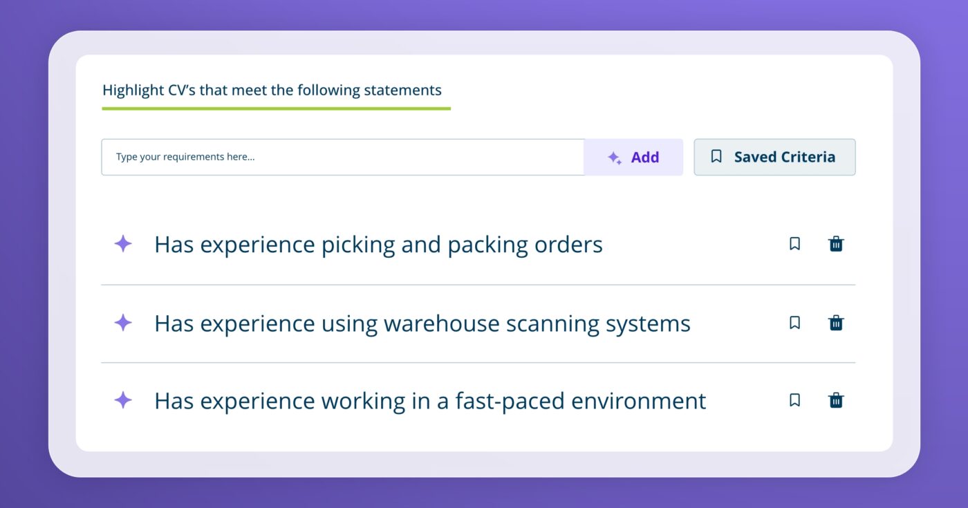 WaveTrackR screenshot showing three Screening Statements for a Warehouse Operative role: “Has experience picking and packing orders,” “Has experience using warehouse scanning systems,” and “Has experience working in a fast-paced environment.”