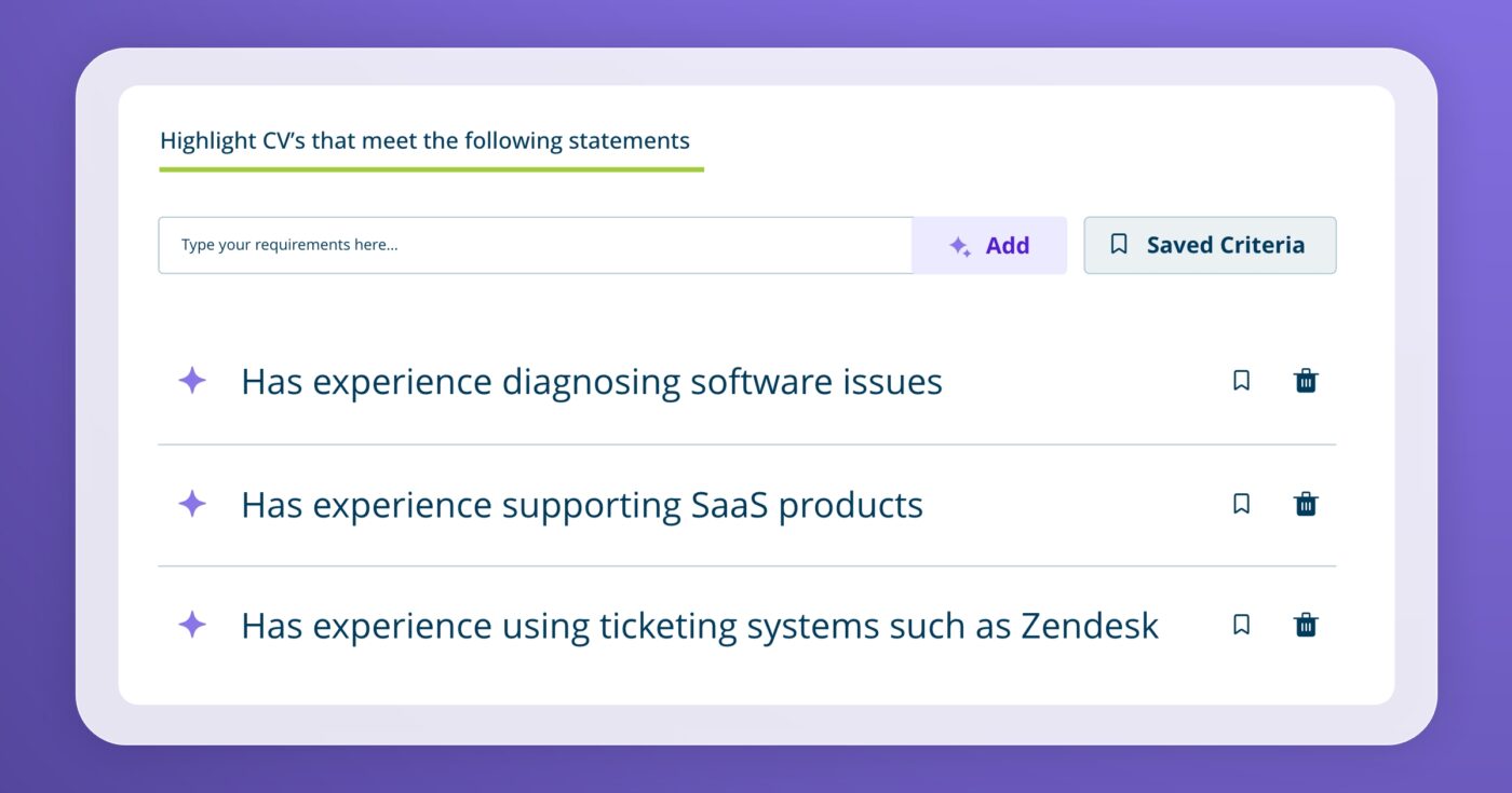 WaveTrackR screenshot showing three Screening Statements for a Technical Support Specialist: including experience diagnosing software issues, supporting SaaS products, and using ticketing systems such as Zendesk.