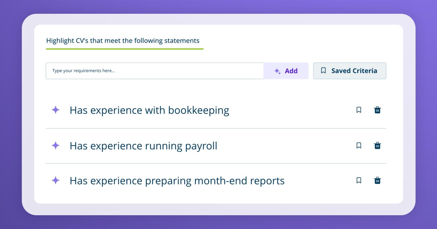 WaveTrackR screenshot showing three Screening Statements for a Bookkeeper job: “Has experience with bookkeeping,” “Has experience running payroll,” and “Has experience preparing month-end reports.”