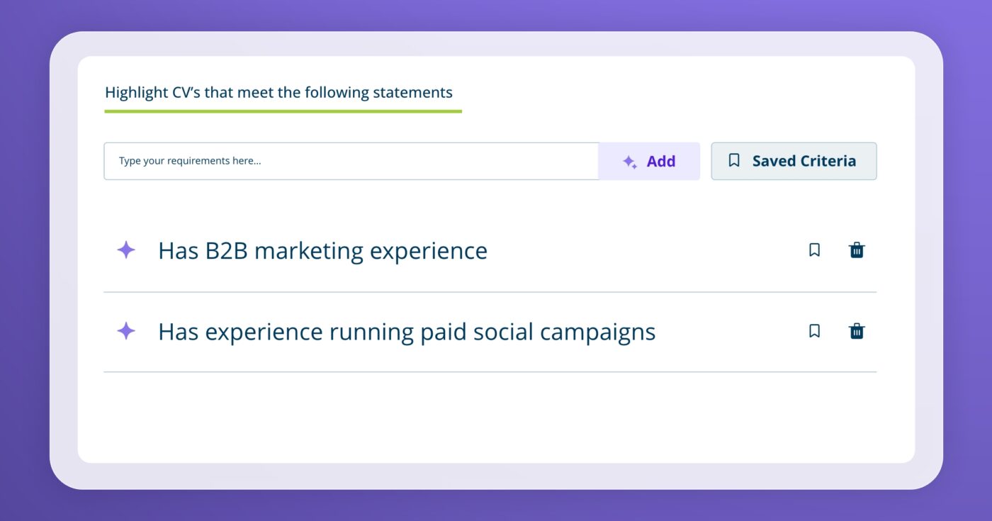 WaveTrackR screenshot showing three Screening Statements for a Marketing Manager role, including “Has B2B marketing experience” and “Has experience running paid social campaigns.”