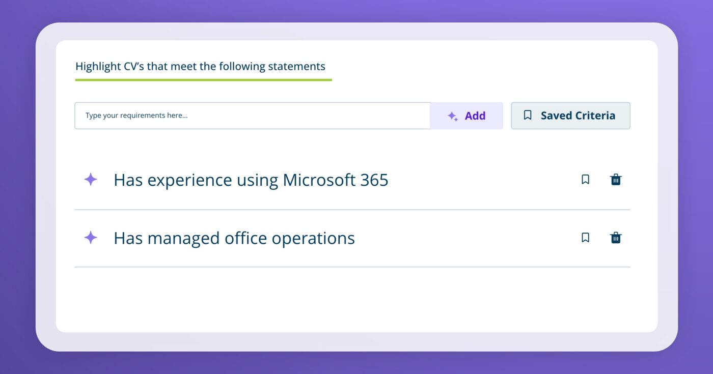 WaveTrackR screenshot showing three Screening Statements for an Office Manager job, including “Has experience using Microsoft 365” and “Has experience managing office operations.”