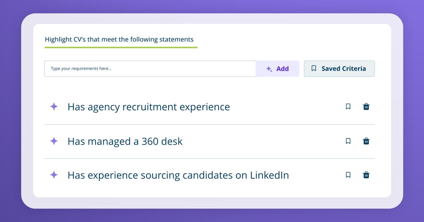 WaveTrackR screenshot showing three Screening Statements for a Recruitment Consultant job: “Has agency recruitment experience,” “Has managed a 360 desk,” and “Has experience sourcing candidates on LinkedIn.”
