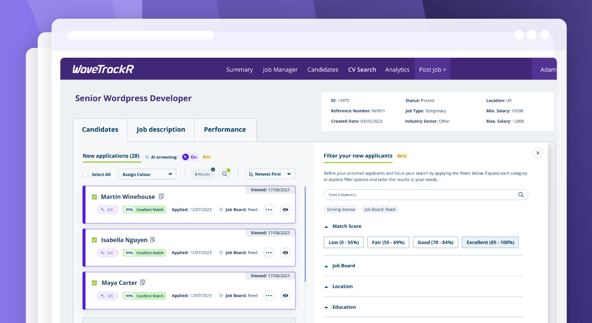 Job-level candidate search and filters in WaveTrackR