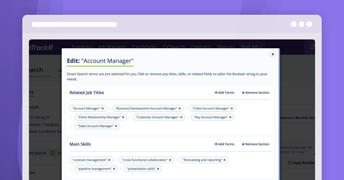 Boolean search builder for CV search showing role-based search suggestions and query generation