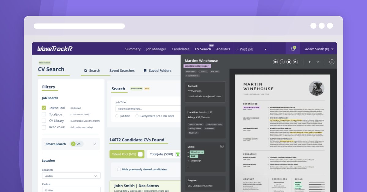 CV preview panel with highlighted keywords and candidate details in recruitment search software