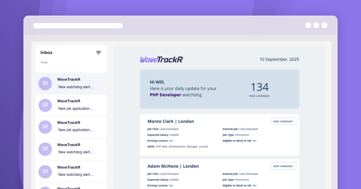 Saved CV search alerts and watchdog feature notifying recruiters of new matching candidates